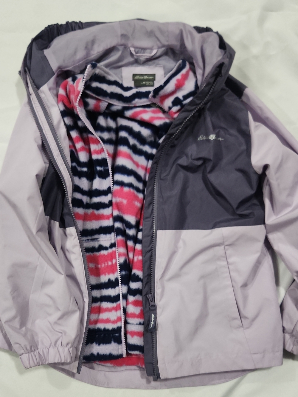 Eddie Bauer Girls' Lavender and Charcoal Raincoat with Patterned Fleece